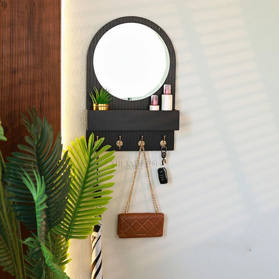 Organisateur d'entrée avec miroir rond, double crochet et étagère