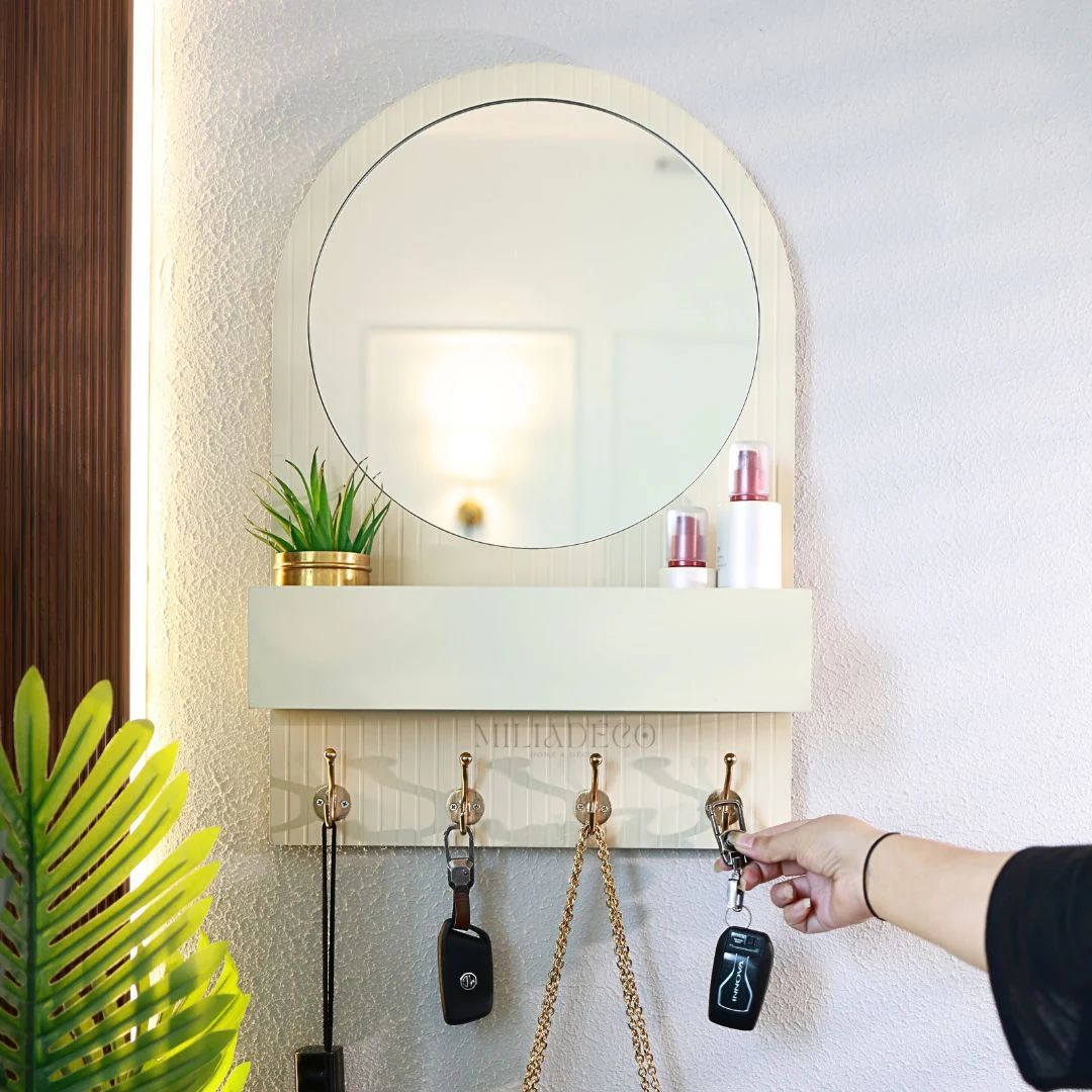 Organisateur d'entrée avec miroir rond, double crochet et étagère